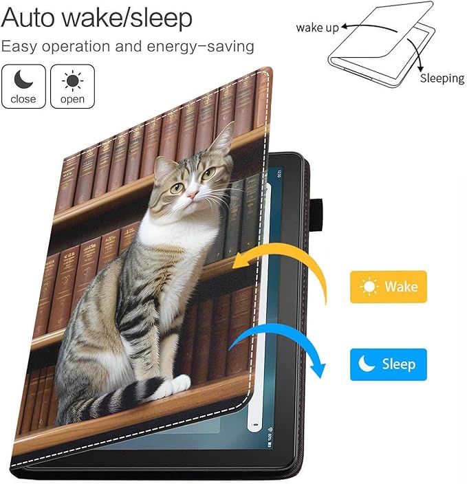Case for Amazon Kindle Fire HD 10 &amp 10 Plus Tablet 10.1 (13th/11th Generation 2023/2021 Release) - Premium PU Leather Cover with Auto Sleep Wake Cat On Bookshelf