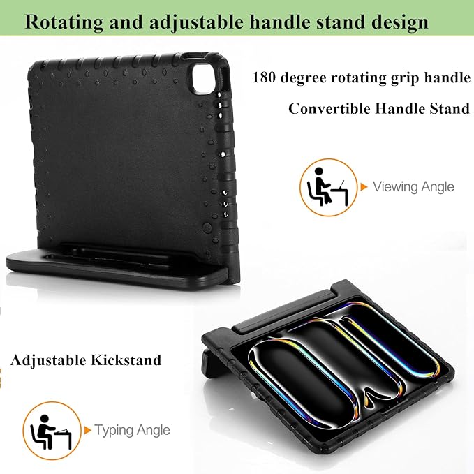 Kids Case for iPad Pro 13 inch M5/M4 (2025/2024) with Pencil Holder/Convertible Handle Stand Shockproof Slim Lightweight Cute Soft EVA Heavy Duty Rugged Kickstand Cover for Children Black