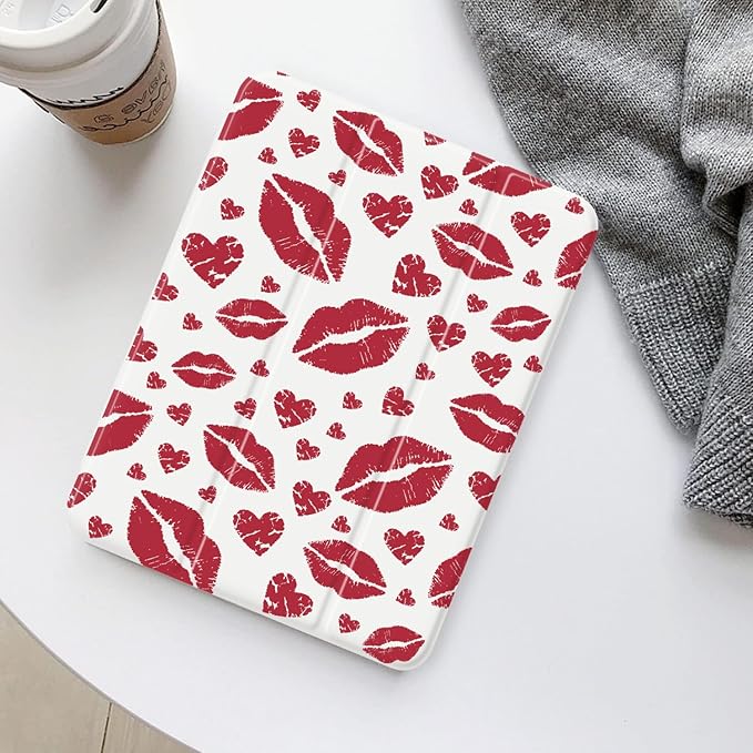 Red Lips Heart Case for iPad 11 Inch (A16) 11th 2025/iPad 10.9 Inch 10th Gen 2022[Pencil Holder+Auto Sleep/Wake]Slim Trifold Stand Protective Cover with Soft TPU BackWhite