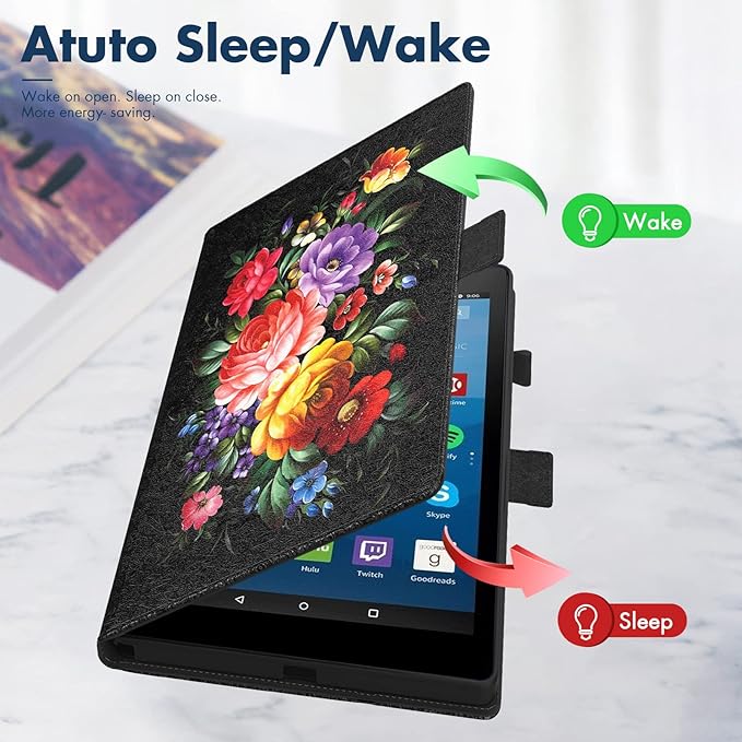 Dteck for Fire HD 8 (8th/7th/6th Generation) Smart Folio Case 2018/2017/2016 Release (8) with Auto Sleep Wake/Stand/Adjustable Viewing Angle/Stylus PU Leather Protective Slim Cover Flowers Black