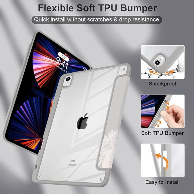 Batianda Hybrid Case for New iPad 11 2025 A16 Chip/iPad 10 2022 10.9-inch [Built-in Pencil Holder] Shockproof Cover with Clear Transparent Back Shell TPU BumperAuto Sleep/Wake Golden Lotus