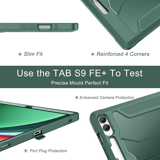 Soke Case for Samsung Galaxy Tab S9 Plus/S9 FE+ 2023 with Built-in Screen Protector &amp Kickstand Rugged Full Body Protective Cover for Galaxy Tablet 12.4 InchMidnight Green