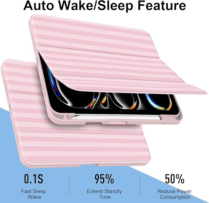 MecBevia Case for iPad Pro 11 inch M5 2025 / M4 2024 (6th/5th Gen) A3357 A3358 A3359 A2836 A2837 A3006 – Built-in Pencil Holder &amp Auto Wake/Sleep Pink Stripes
