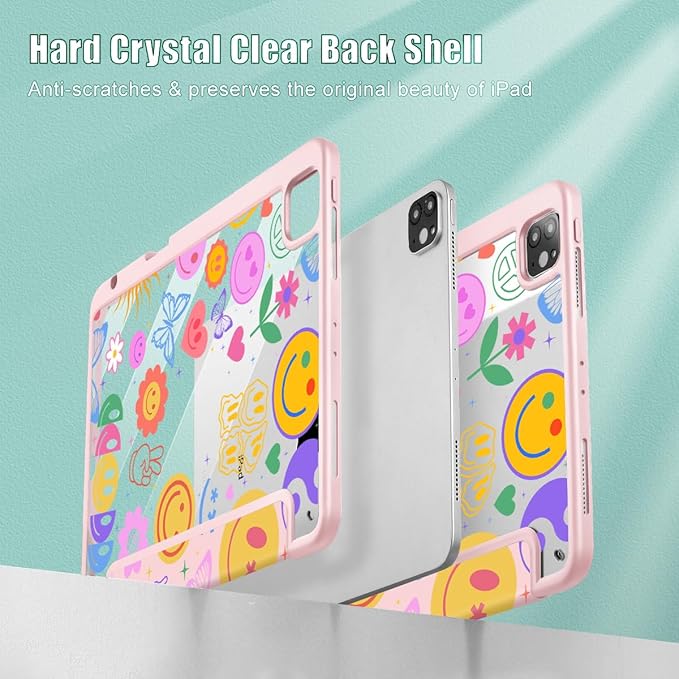 May Chen for iPad Pro 11 inch M2 4th Generation 2022 iPad Pro 11 3rd/2nd/1st Gen Built-in Pencil Holder with Shockproof Cover Clear Transparent Back Shell Auto Wake/Sleep Smile Pattern