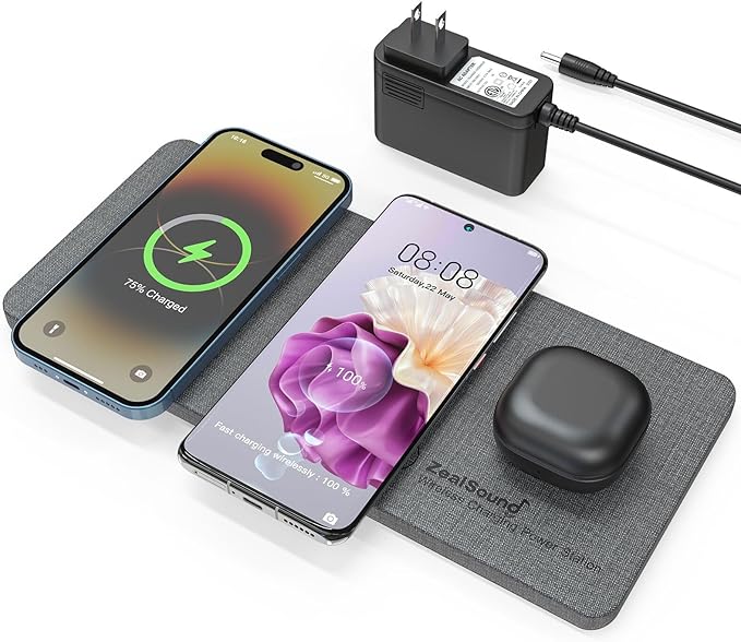 ZealSound Triple Wireless ChargerCharging PadUltra Slim Fast 3x10W Charger Station for Multiple 3 Devices New Airpods Samsung Earbuds Mat Dock W/AC Adapter for All Wireless Charging Phones