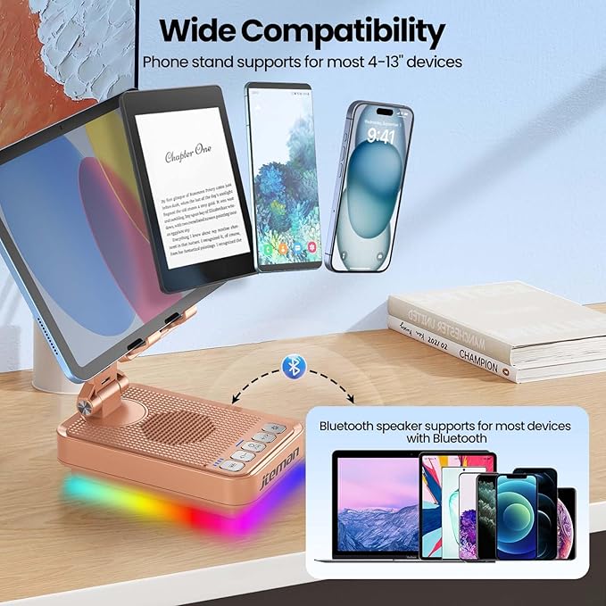 JTEMAN Gifts for Men Women Phone Stand Bluetooth Speaker with Light and Charging Function 360 Rotating Phone Holder Cool Tech Gifts for Dad Mom Husband Unique Birthday Gift Ideas - Rose Gold