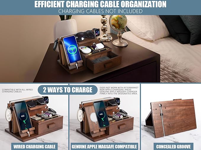 Wood Phone Docking Station with Drawer Compatible with Apple Watch - Wood Charging Station Organizer Stand Bedside Nightstand Organizer for Men Holds Phone Tablet Keys Glasses EDC