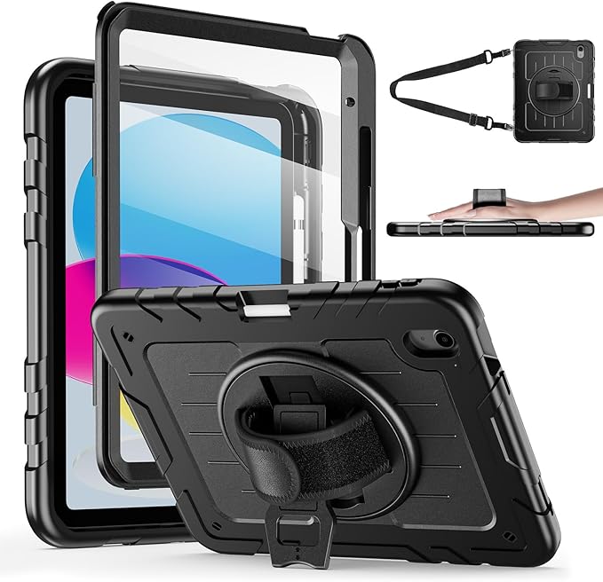 Case for iPad 10th Generation 10.9inch 2022with Built-in Screen Protector and KickstandHand StrapShoulder Strap for New Apple iPad 10.9 Inch - Black