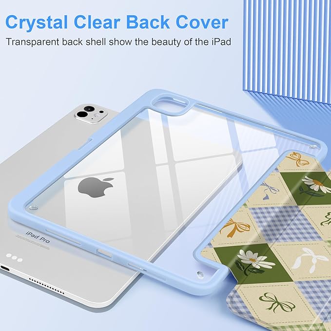 TWOLSKOO Case for iPad Pro 11-inch (M5 2025 / M4 2024) Clear Acrylic Back with TPU Bumper Pencil Holder Trifold Stand Auto Sleep/Wake Patchwork Bows