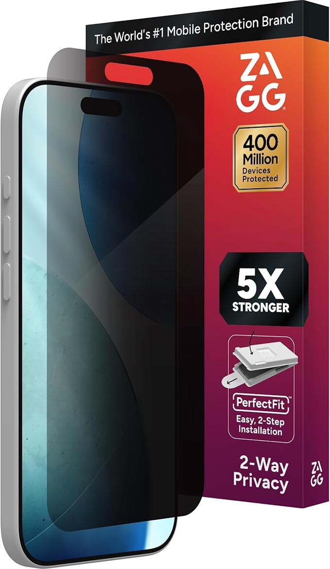 ZAGG Glass Elite Privacy Screen Protector for iPhone 17 - 5X Stronger Tempered Glass ClearPrint Technology for Smudge Free Clarity Smooth Feel Full Coverage InvisibleShield Easy Two-Step Installa
