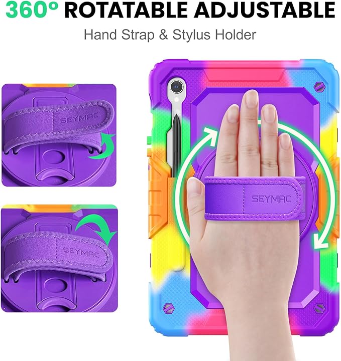 SEYMAC Case for Samsung Galaxy Tab S10 Lite/ S10 FE/ S9 FE/ S9 5G (10.9''/11'') Heavy Duty Shockproof Protective Case with Screen Protector Rotating Stand Hand Strap and Pen Holder Purple