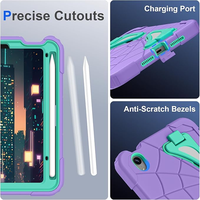 Compatible with Apple iPad mini 6 2021/iPad mini 7 2024 Tablet CaseLightweight Shockproof Rugged Protective Cover with Kickstand for Kids Children Boys Babies Purple Mint Green