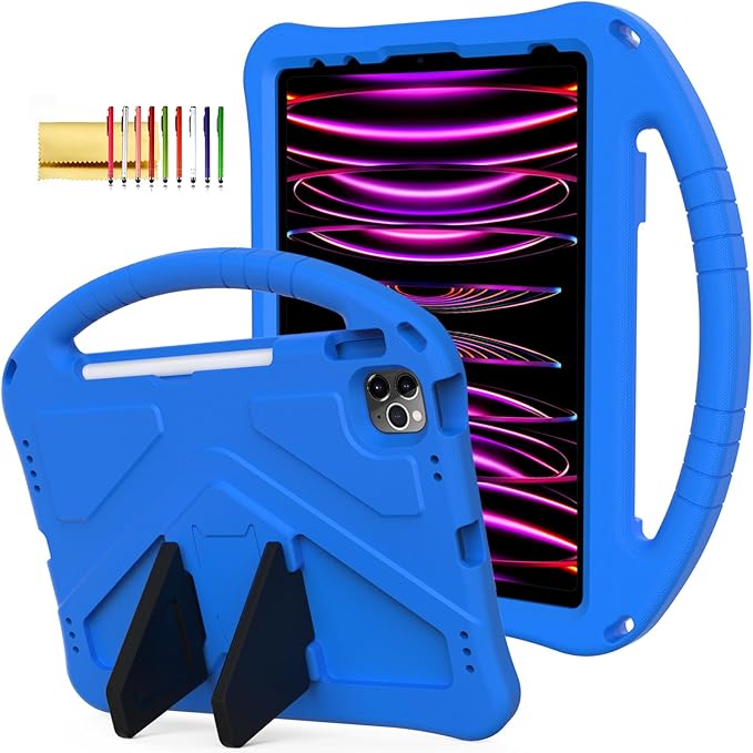 Kids Case for iPad Pro 11 2022/2021/2020/2018 iPad Air 5th/4th Generation With Pencil Holder Lightweight Shockproof EVA Foam Handle Stand Anti-Slip Grip Rugged Blue