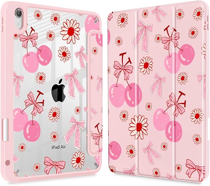 Case for iPad Air 11'' (M4 2026/M3 2025/M2 2024)/ iPad Air 10.9'' Air 5th /4th Gen Shockproof Cover with Clear Back Shell &amp Penceil Holder Auto Wake/Sleep Stand Cover Cherry Bow P705
