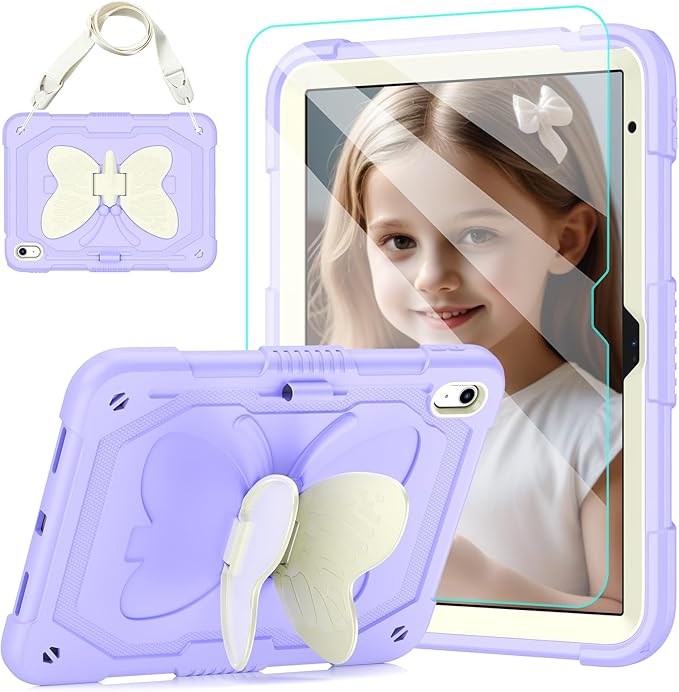 Case for iPad (A16) 11th/10th Generation 2025/2022 11/10.9 for Kids Girls with 9H Tempered Glass Screen Protector Rugged Shockproof Protective with Butterfly Stand Carrying Strap-Purple