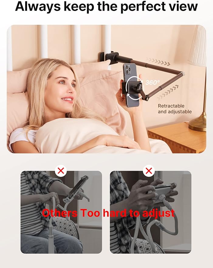 JSAUX Phone Holder for Desk and Bed Compatible with iPhone 17 16 15 14 13 12 Overhead Phone Mount Gooseneck Phone Stand Flexible 360 Lazy Long Arm Clamp Clip for Table Bedside [1-Pack Black]