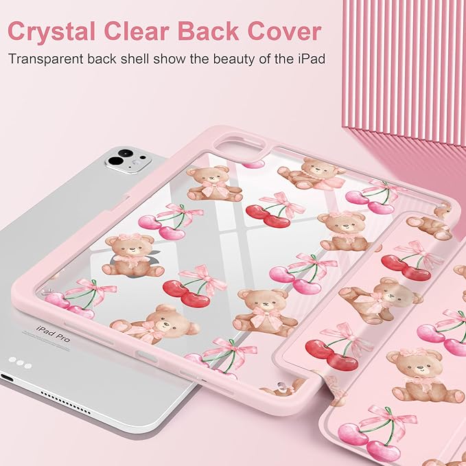 DONGKE for iPad Pro 11-Inch Case (M5 2025 / M4 2024) 6th/5th Generation [Auto Sleep/Wake &amp Pencil Pro Holder] Clear Acrylic Back Smart Trifold Stand Cover Bear &amp Cherry