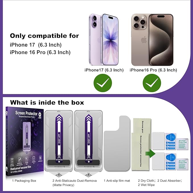 2-Pack Matte Privacy Screen Protector for iPhone 17 / iPhone 16 Pro Anti-Glare &amp 25°Anti-SpyAnti-ReflectionAnti-FingerprintAuto Dust RemovalEasy Installation