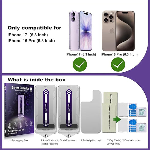 2-Pack Matte Privacy Screen Protector for iPhone 17 / iPhone 16 Pro Anti-Glare &amp 25°Anti-SpyAnti-ReflectionAnti-FingerprintAuto Dust RemovalEasy Installation