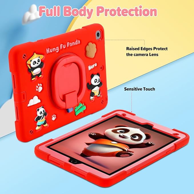 Case for iPad 9th/8th/7th Generation iPad 10.2 Inch 2021/2020/2019 Funny Cartoon Silicone 3D Panda Design Kids Case Heavy Duty Protection with Stand/Pencil Holder/Shoulder Strap