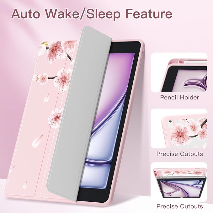 Teryeefi for iPad 10.2 case 9 Generation Built in Pencil Holder - Stand-Auto Wake/Sleep TPU Protection Stand Clear Back Cover for 2021 2020 2019 iPad 7th/8th/9th Case (Cherry Blossoms)