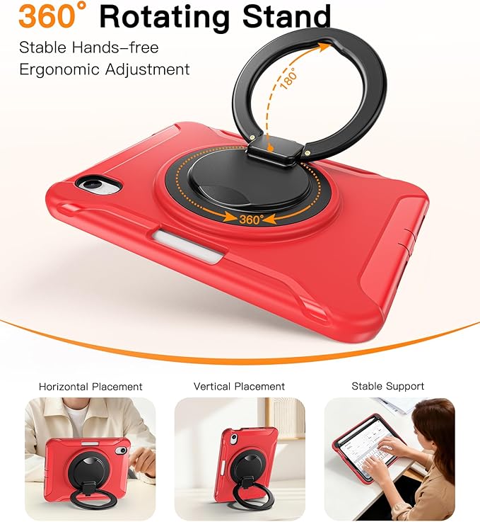 BATYUE Shockproof Case for iPad mini 7 (A17 Pro)/ Mini 6 8.3 inch (2024/2021) - 360° Multi-Angle Stand (Portrait &amp Landscape) &amp Grip Built-in Pencil Holder Red