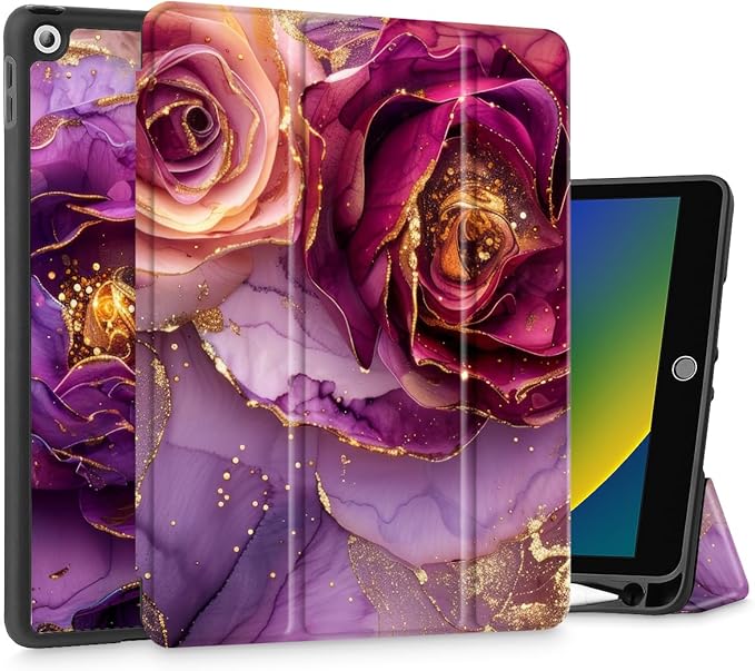 Mektron Designed Printed iPad 10.2 Case 9th Gen (2021)/ 8th Gen (2020)/ 7th Gen (2019) with Pencil Holder Slim Stand Protective Case with Soft TPU Back for iPad 10.2 Inch Marble Flowers