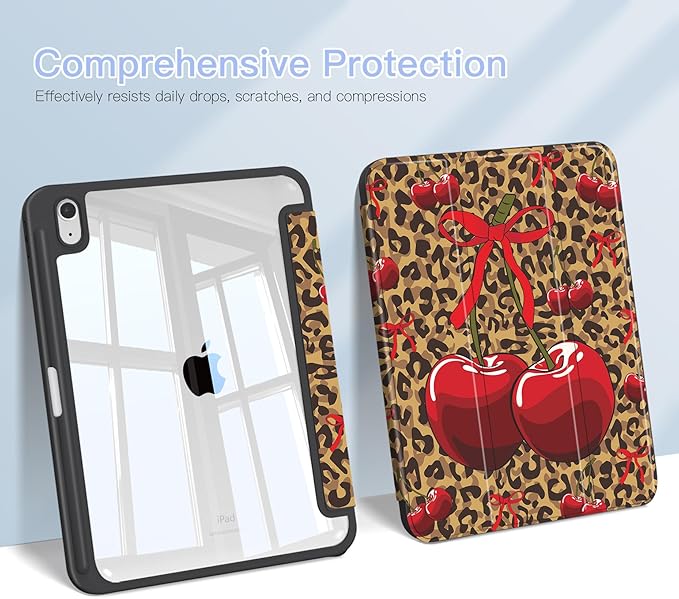Teryeefi for iPad (A16) 11th Generation Case 11 Inch 2025 Release for iPad 10th Generation 10.9 Inch 2022 Protective Shell with Pencil Holder Soft TPU+Crystal Hard Back Cover (Leopard Print Cherry)
