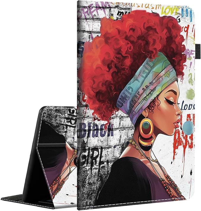 Case Fits Amazon Kindle Fire HD 8 &amp 8 Plus Tablet(12th Generation/10th Generation 2022/2020 Release) 8Multi-Angle Smart Stand Cover Auto Sleep/WakeAfrican Black Woman Graffiti Girls with Red Ha