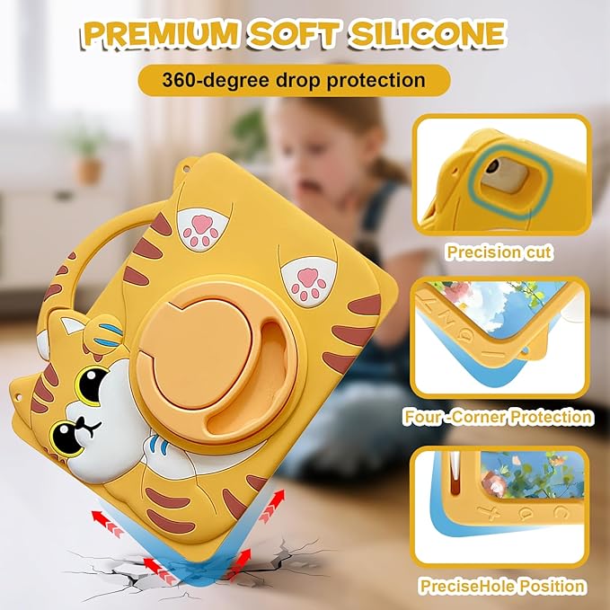 Case for iPad 9th Generation (2021) / 8th Generation (2020) / 7th Gen (2019) 10.2 Inch Full-Body Shockproof Kids Case for Pencil Holder &amp Adjustable Shoulder Strap Orange Cat