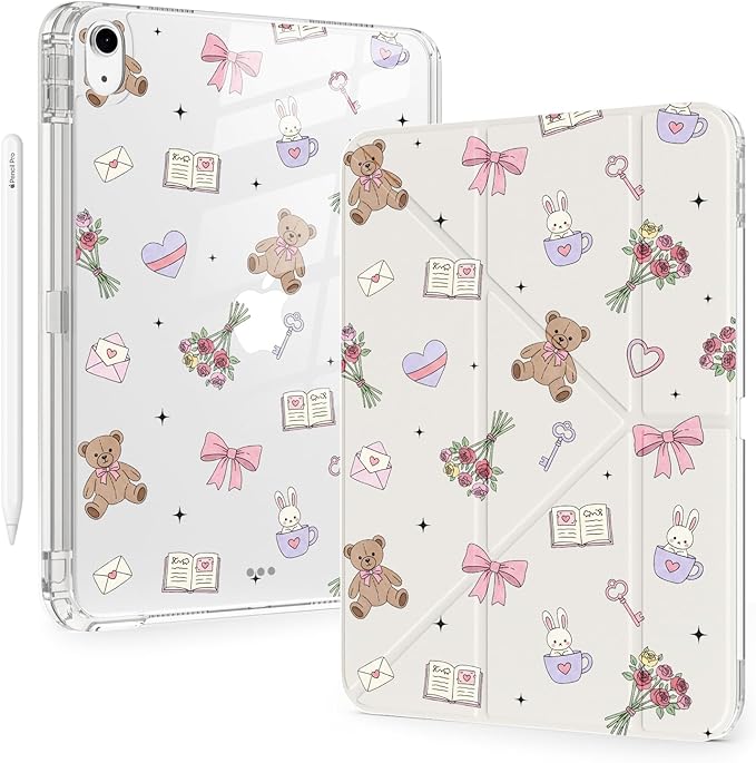 Cute Kawaii Bear Bunny for iPad Air 11 Inch Case 7th/6th Generation (M3/M2) 2025/2024 with Pencil Holder Auto Sleep/Wake White Leather Acrylic Back Detachable Cover