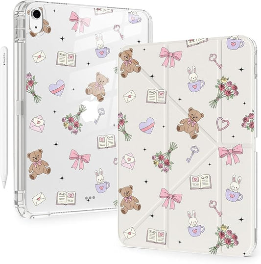 Cute Kawaii Bear Bunny for iPad Air 11 Inch Case 7th/6th Generation (M3/M2) 2025/2024 with Pencil Holder Auto Sleep/Wake White Leather Acrylic Back Detachable Cover