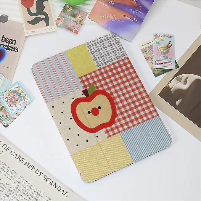 Vintage Check Plaid Apples Case Compatible with iPad 9th 8th 7th Generation 10.9 Inch 2021/2019/2018Funny Cover with Trifold Stand + Pencil Holder for Boys GirlsiPad 10.9in 2022