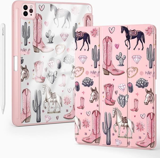Cute Western Cowboy for iPad mini 7 A17 Pro 2024/iPad Mini 6 Case with Pencil Holder Auto Sleep/Wake Pink Leather Clear Acrylic Back Cover