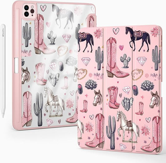 Cute Western Cowboy for iPad mini 7 A17 Pro 2024/iPad Mini 6 Case with Pencil Holder Auto Sleep/Wake Pink Leather Clear Acrylic Back Cover