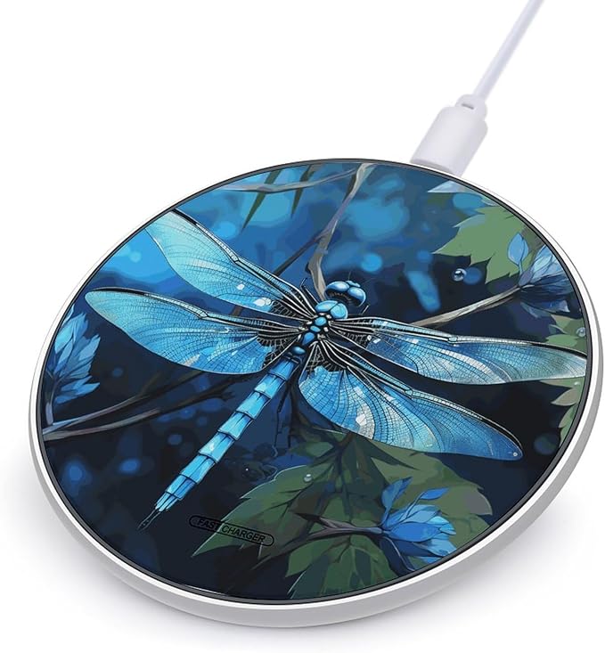Art Blue Dragonfly Wireless Charger Fast Wireless Charging Pad with USB Cable 10W Anti-Slip Magnetic Wireless Charger Portable Slim Charger Puck Travel Charging Station
