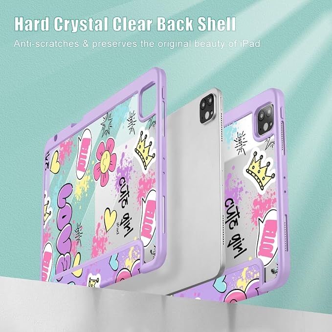 May Chen for iPad Pro 11 inch M2 4th Generation 2022 iPad Pro 11 3rd/2nd/1st Gen Built-in Pencil Holder with Shockproof Cover Clear Transparent Back Shell Auto Wake/Sleep Cute Girl Pattern