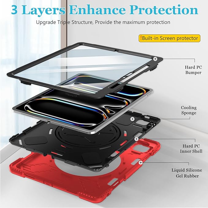 Case for iPad Pro 13 Inch M5 2025/ M4 2024: Military Grade Cover for iPad Pro 13 with Screen Protector - Stand - Handle - Shoulder Strap - Pencil Holder- Red