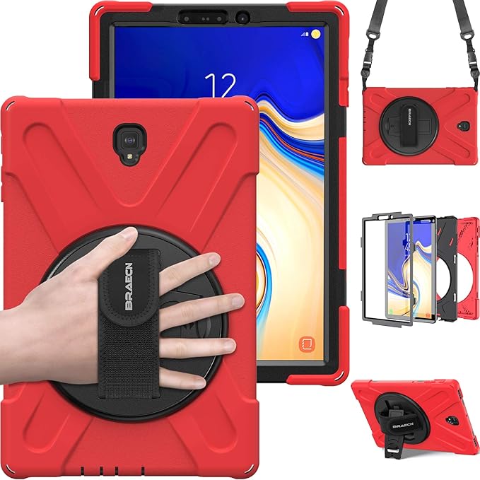 BRAECN for Samsung Galaxy Tab S4 10.5 Case [Shoulder Strap][Adjustable Handle Grip][Rototating Kickstand] Heavy Duty Shockproof Rugged Case for Galaxy Tab S4 10.5 Tablet SM-T830/T835/T837 (RED)