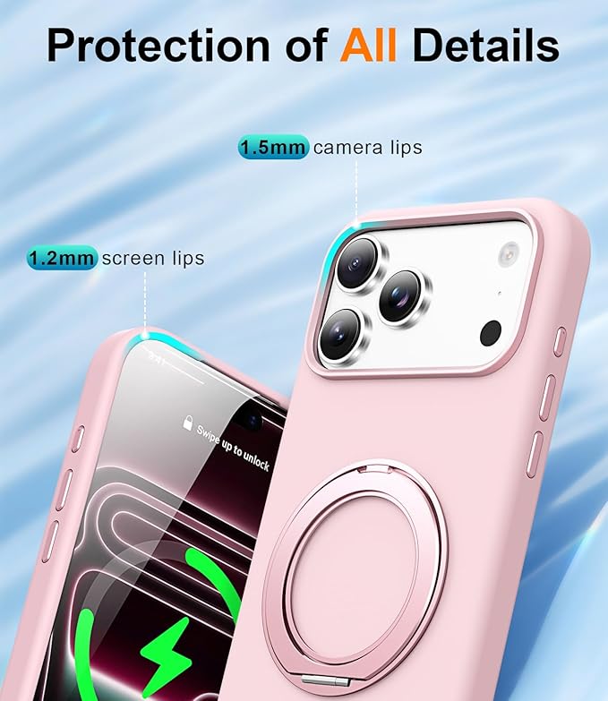 STERKER 360° Rotatable Stand Compatible with iPhone 17 Pro Max Case with Magnetic [Military Grade Drop Tested][Adjustable Kickstand] Ring Holder Silicone Slim Back Soft Edge Pink