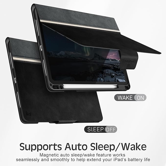 KingBlanc Case for iPad Pro 11 inch (M5 2025/M4 2024) with Pencil Holder Vegan Leather Smart Stand Cover Auto Sleep Wake Support Pencil Pro/(USB-C) Viewing/Typing Angle Durable Protection Black