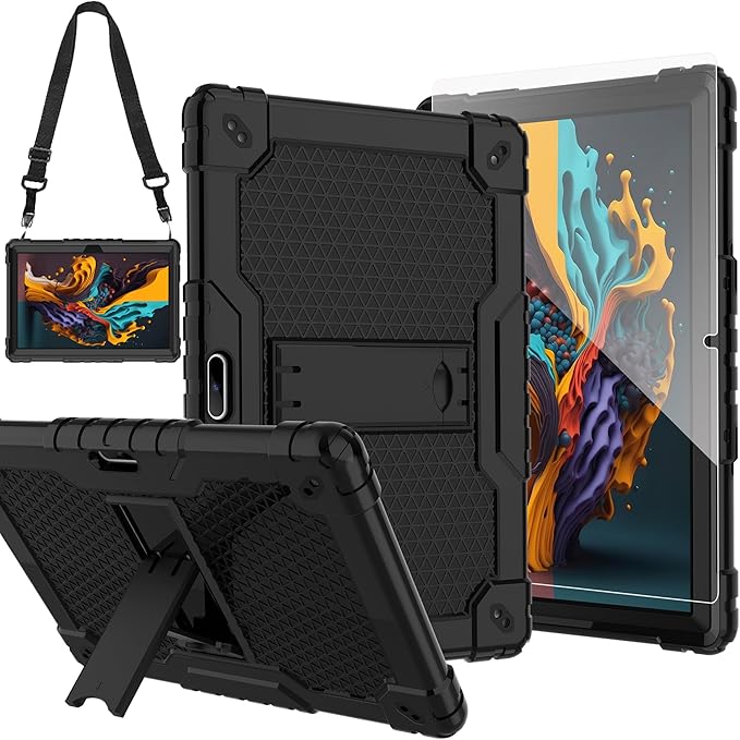 Case for Pritom M10 /quntiCO Y10 /Digiland DL1036 /Voger priorpad X100 /VUCATIMES N10/Gateway 10.1 HD Tab Case with Stand Rubber Hybrid Come with 9H Tempered Glass Film (Black/Black/1 PC)