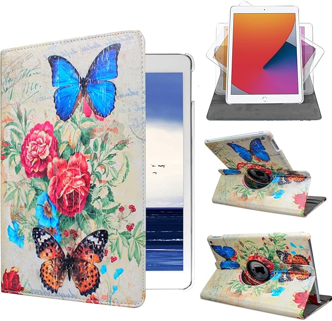 Case for ipad pro 12.9 inch 2nd &amp 1st Generation Old Model 2017/2015 MP6G2LL/A MQDA2LL/A MPLL2LL/A ML0F2LL/A ML3K2LL/A ML0N2LL/A ML0R2LL/A with Rotating Stand Auto Sleep/Wake Rose Flower/Butterfly