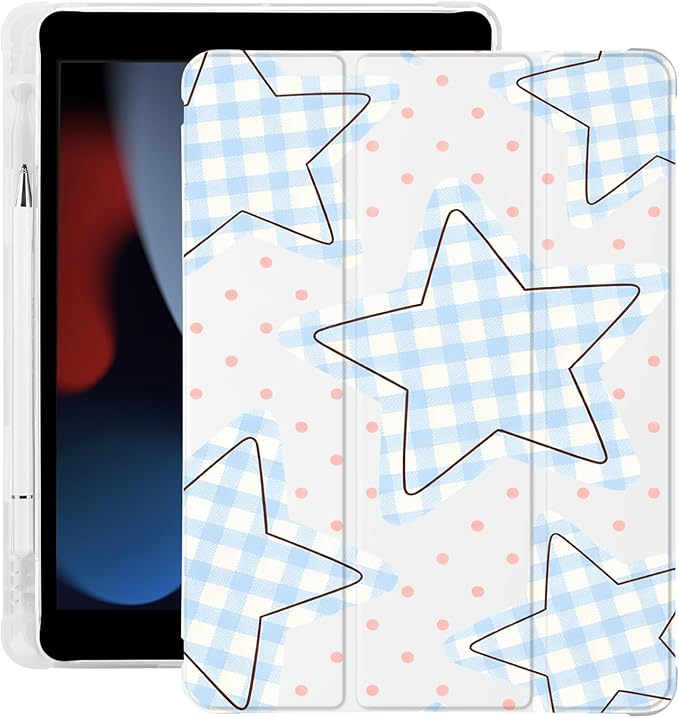 Cute Blue Grid Star for iPad Pro 11 Inch Case 4th/3rd/2nd Generation 2022/2021/2020 with Pencil Holder Auto Sleep/Wake White Leather Soft TPU Back Cover