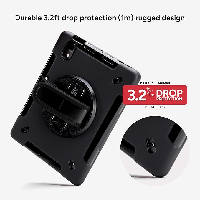 ZAGG Rugged Tablet Case for iPad Air 13 (M5)/ (M4)/ (M3)/ (M2) - Protective 360° Rotating Hand Strap Integrated Kickstand Drop-Proof Ideal for Business Warehouse and Field Use Black
