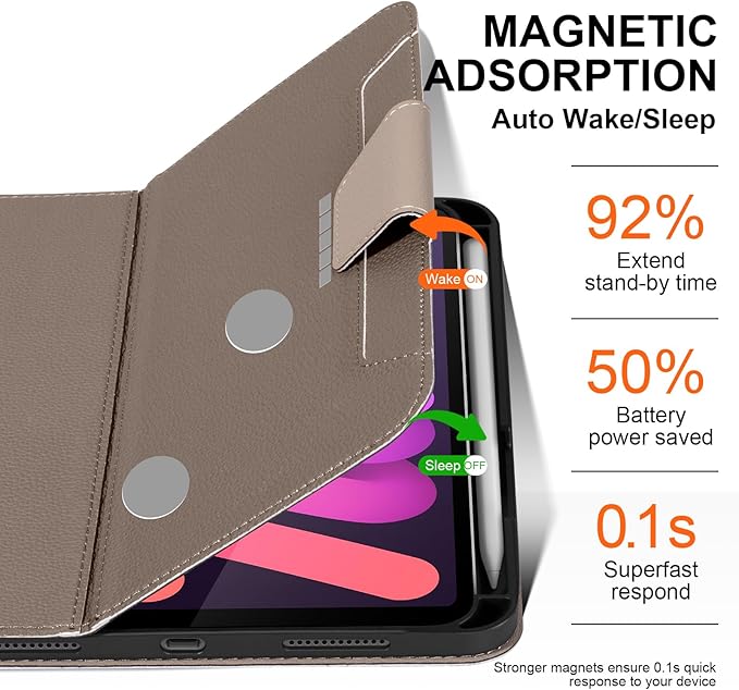 for iPad mini 7 (A17 Pro) 2024 iPad mini 6th Generation 2021 with Pencil HolderSmart Leather Cover with Buckle Protective Auto Wake/Sleep Adjustable Stand Multiple View AnglesGray Brown