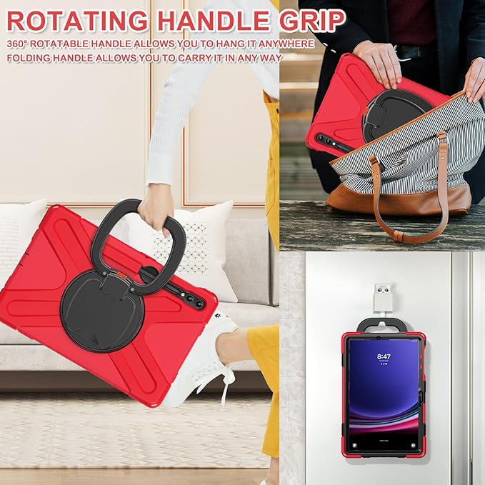 BATYUE Case for Samsung Galaxy Tab S10+ Plus /S9 FE+ Plus /S9+ Plus /S8+ Plus /S7+ Plus /S7 FE 5G 12.4 inch Shockproof Protective Tablet Case with Shoulder Strap Kickstand Red