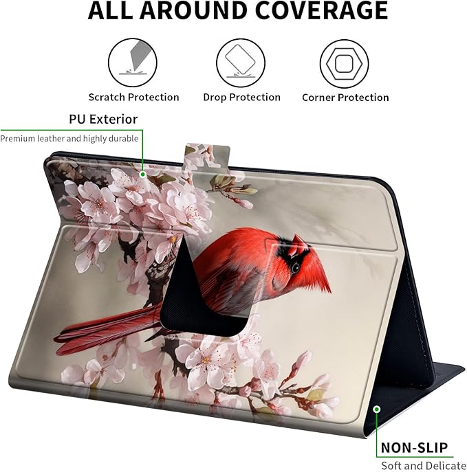for Universal 10 10.1 Inch Android Tablet Case 360 Degree Rotating PU Leather Stand Folio Cover for iPad 9.7/10.2/10.5/Galaxy Tab 9-10.5/Fire HD10 and More 9.0-10.5 Inch TabletPink Flower Bird