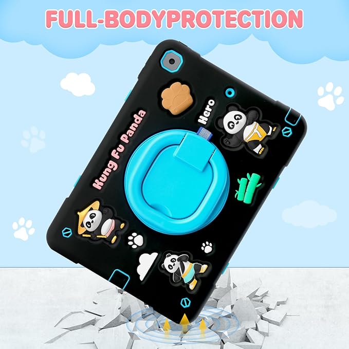 Case for iPad 9th/8th/7th GenerationCute 3D Cool Panda Warrior Design Cover with Screen Protector Rugged Protective Cartoon Case with Stand/Strap/Pen Slot for iPad 10.2 Kids Teens (Black+Blue)