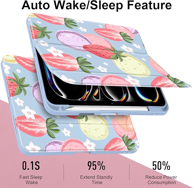 Case for iPad Pro 11 Inch (M5 2025 M4 2024) – [Built-in Pencil Holder] Shockproof &amp Stylish Clear Hard Back + Soft TPU Edge Magnetic Trifold Stand Auto Wake/Sleep Strawberry